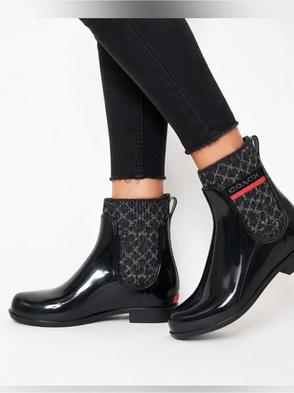 Coach Black Glossy Chelsea Rain Booties with Knit Logo Cuff